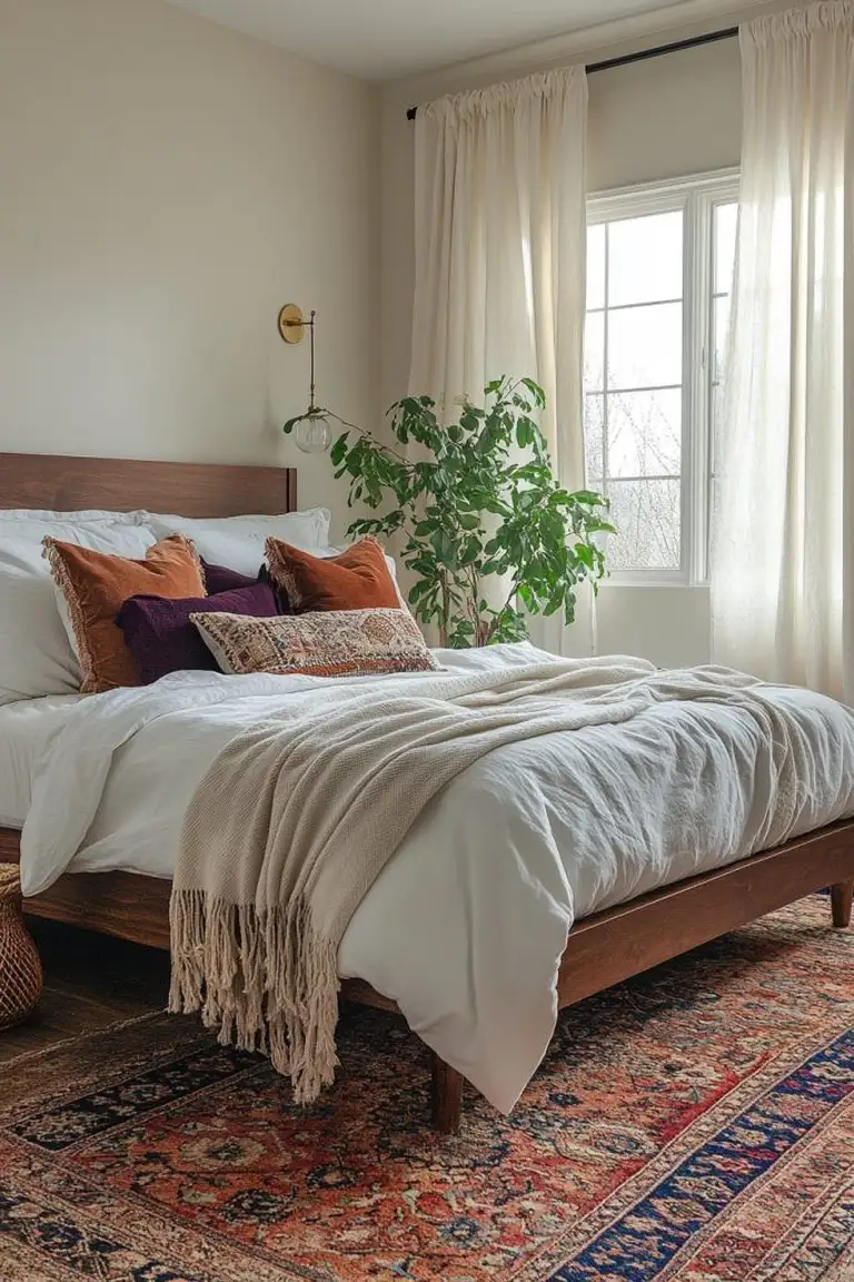 Cozy renter friendly bedroom with layered white bedding, rust cushions, a large rug, and a plant by curtained windows