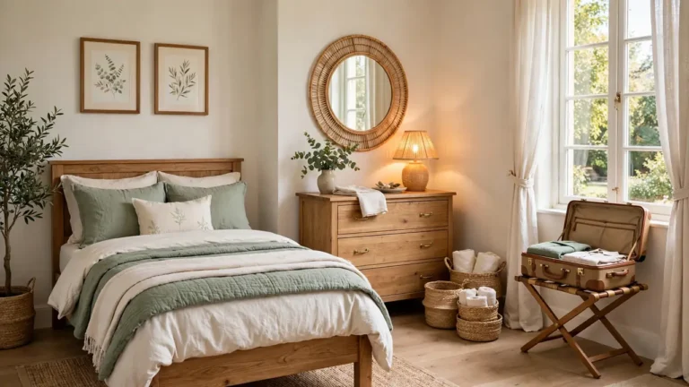 A small guest room with layered bedding, a luggage rack, woven baskets and a mirror over the dresser in warm natural light