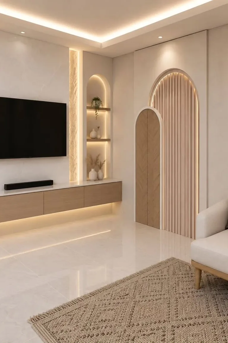 25 Gorgeous TV Wall Ideas That Don't Feel Like an Eyesore 2 A bright living room with a television mounted on a backlit feature wall with arched niches, a floating wooden console, a sofa, and a woven rug.