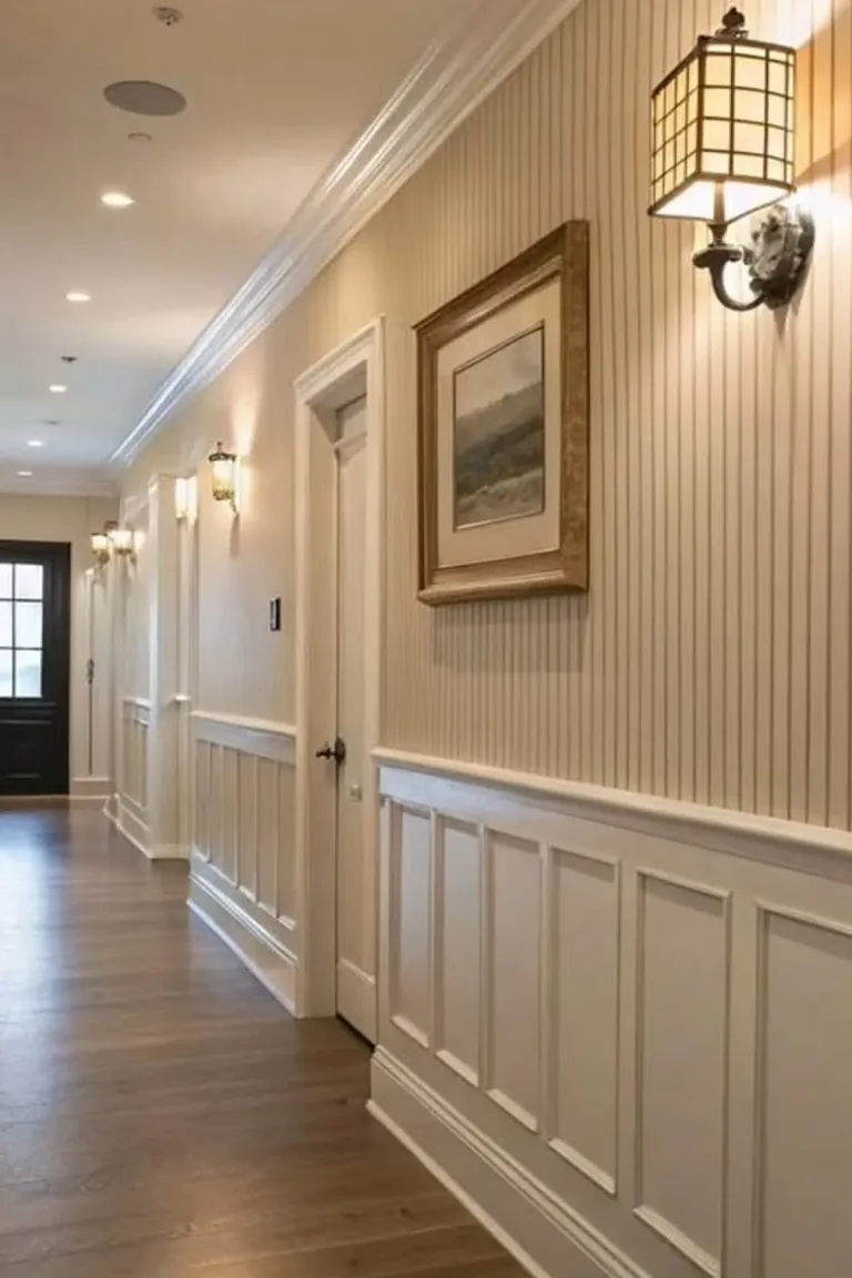 22 Traditional Wainscoting Hallway Ideas for a Cozy Entry 1 Long traditional hallway with white wainscoting, lantern wall lights, and a dark front door